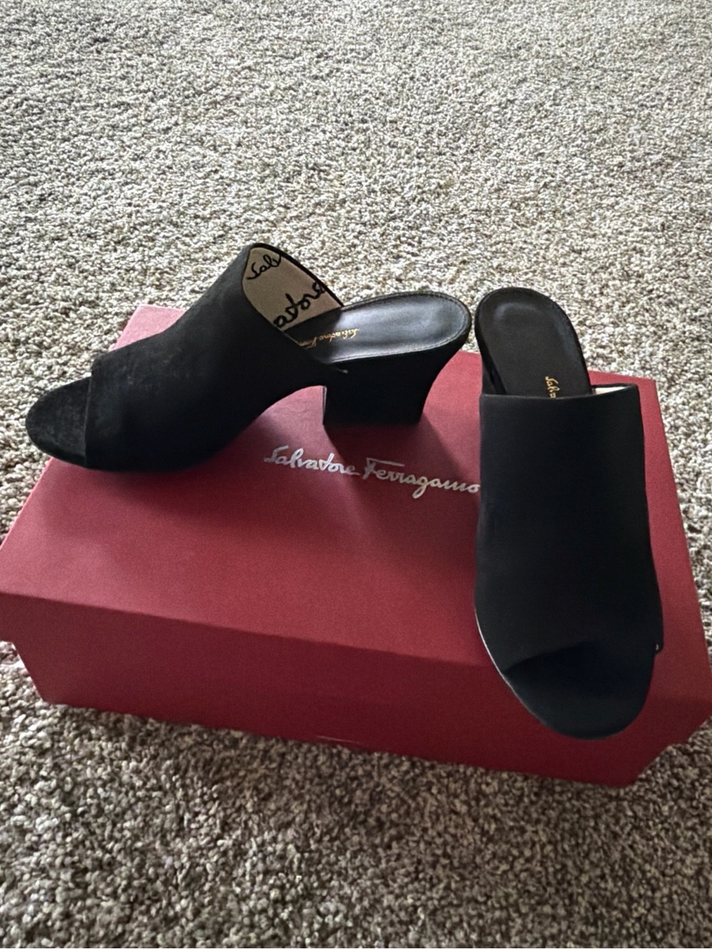 Salvatore Ferragamo Black Suede Open-Toe Mule Heels